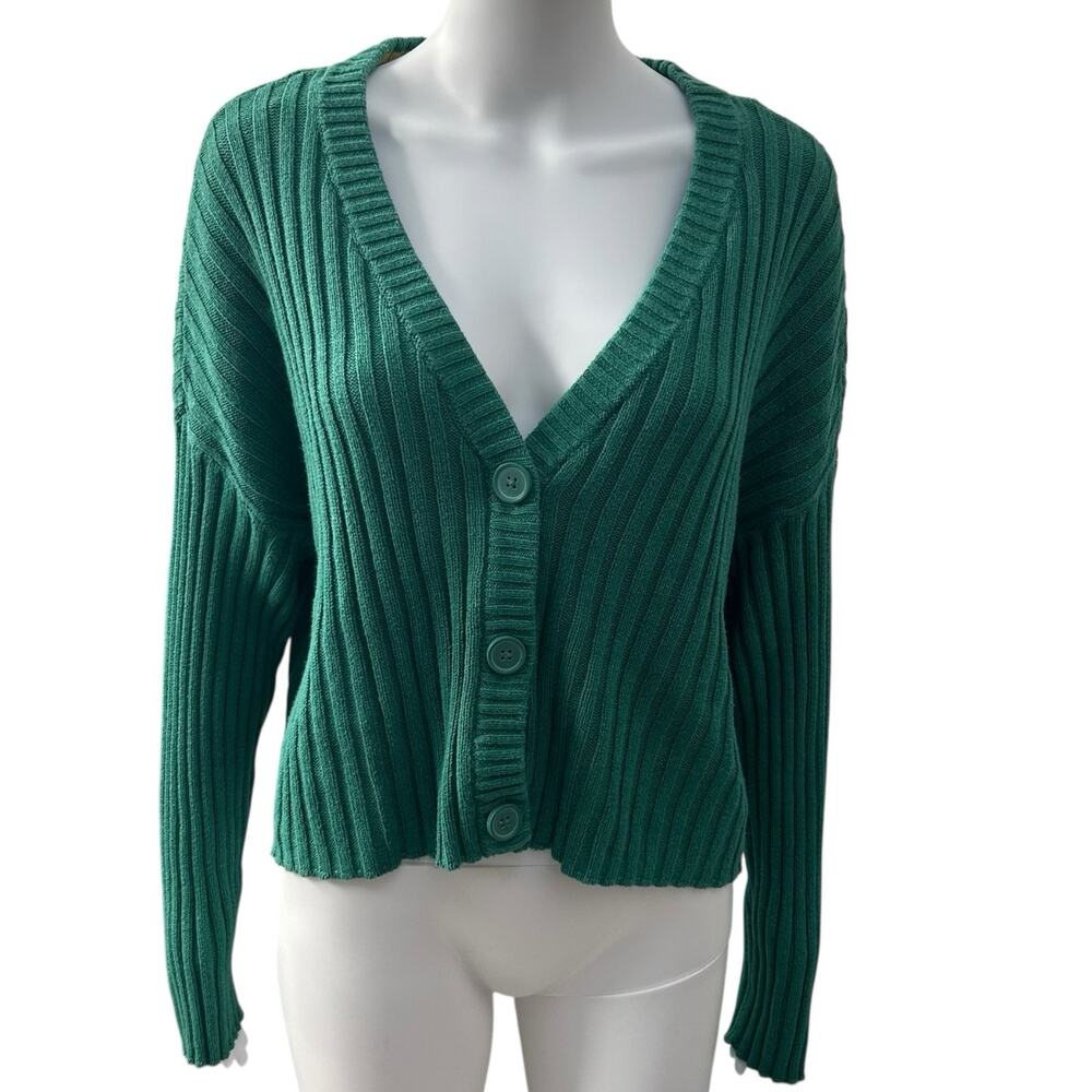 AMERICAN EAGLE Womens Sz XL Green Boxy Cropped Knit Ribbed Cardigan Sweater